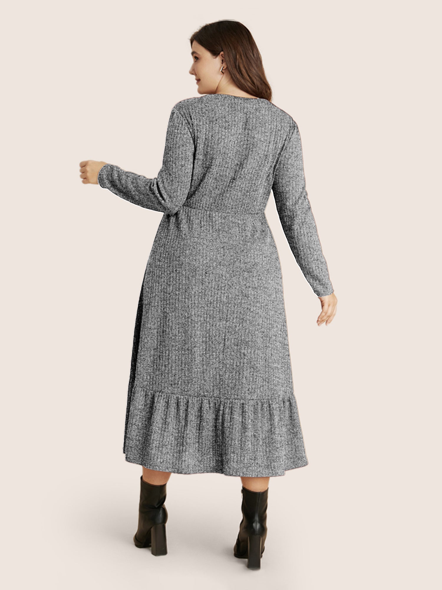 Solid Pocket Rib Knit Ruffle Hem Dress Without Belt