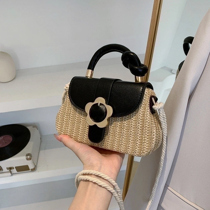 Women's Medium Straw Color Block Streetwear Square Flip Cover Shoulder Bag Crossbody Bag Straw Bag