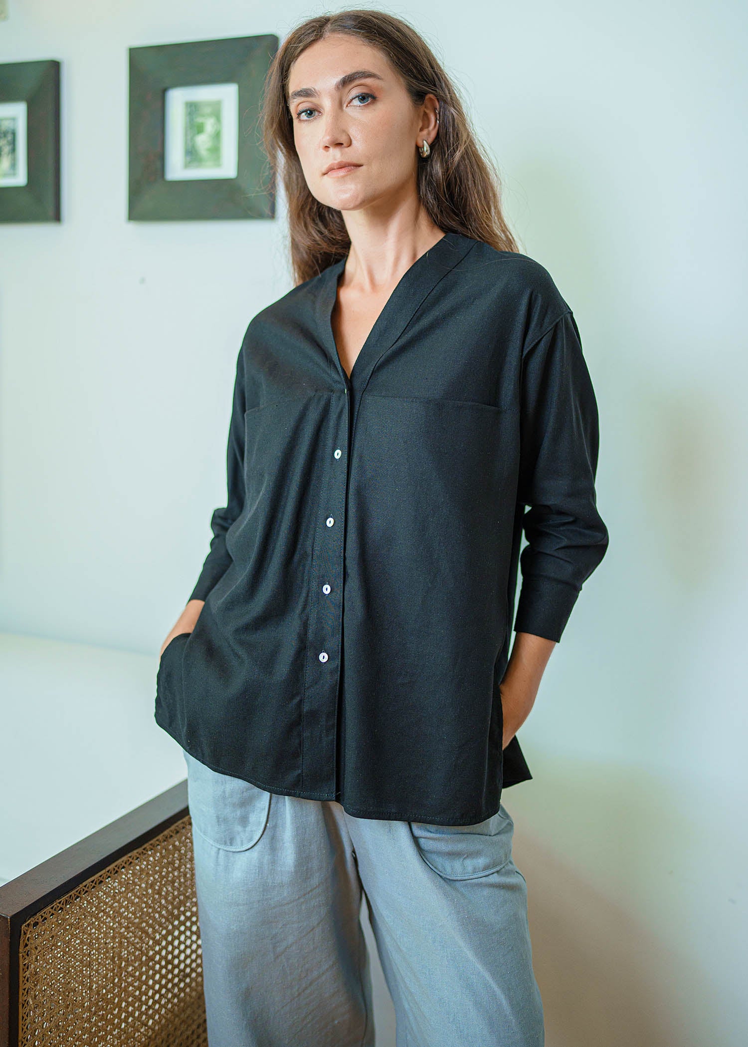 Button Down Blouse With Large Pockets