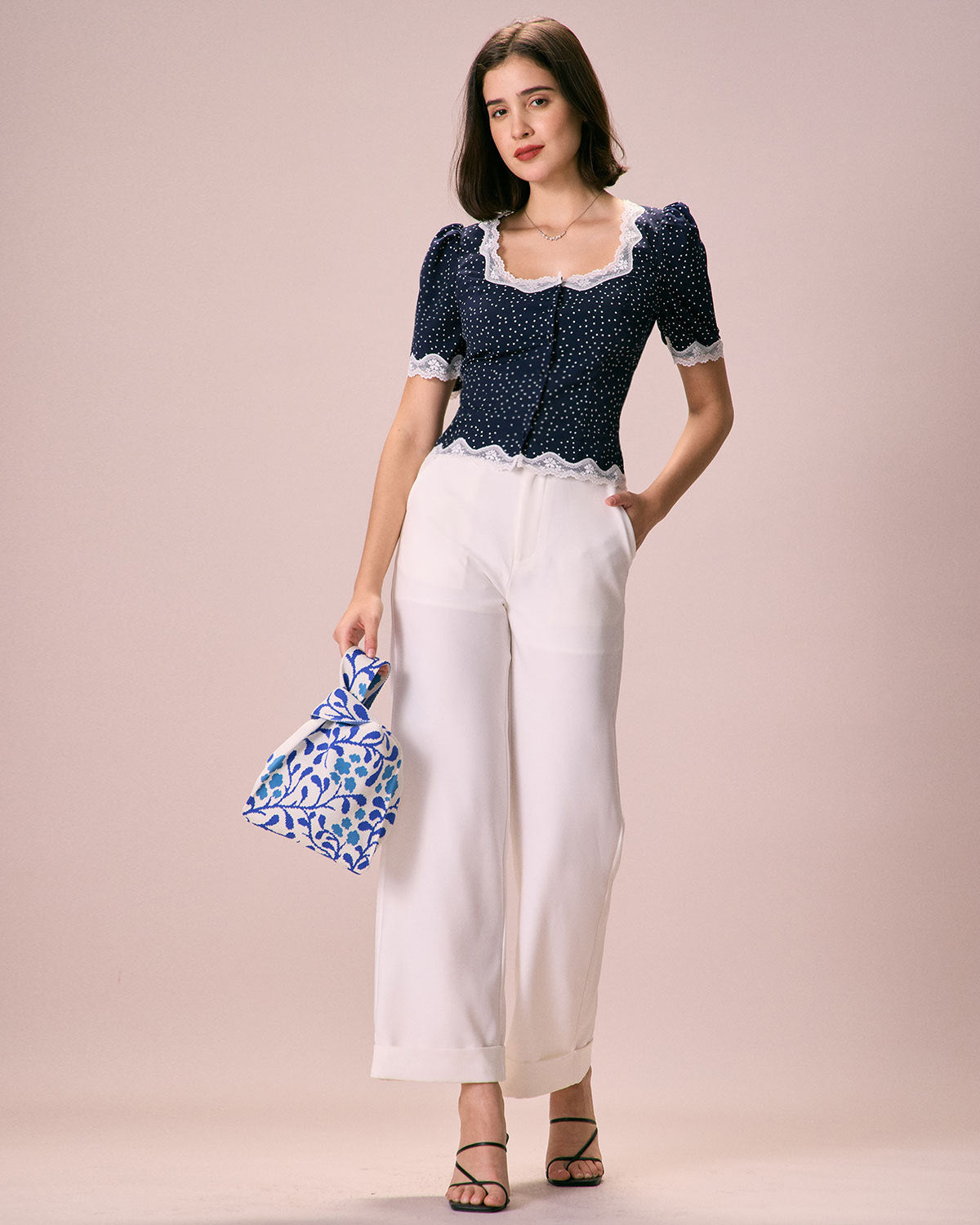 The Navy Polka Dot Lace Puff Sleeve Blouse