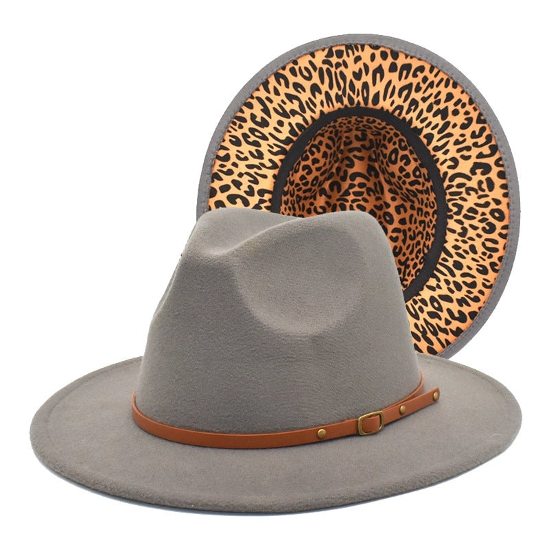 Hot Sale New Leopard Print Color Matching Top Hat Autumn And Winter Jazz Felt Hat Double-sided Personality Belt Top Hat Trend