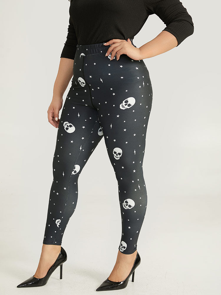 Halloween Skull & Star Print Elastic Waist Leggings