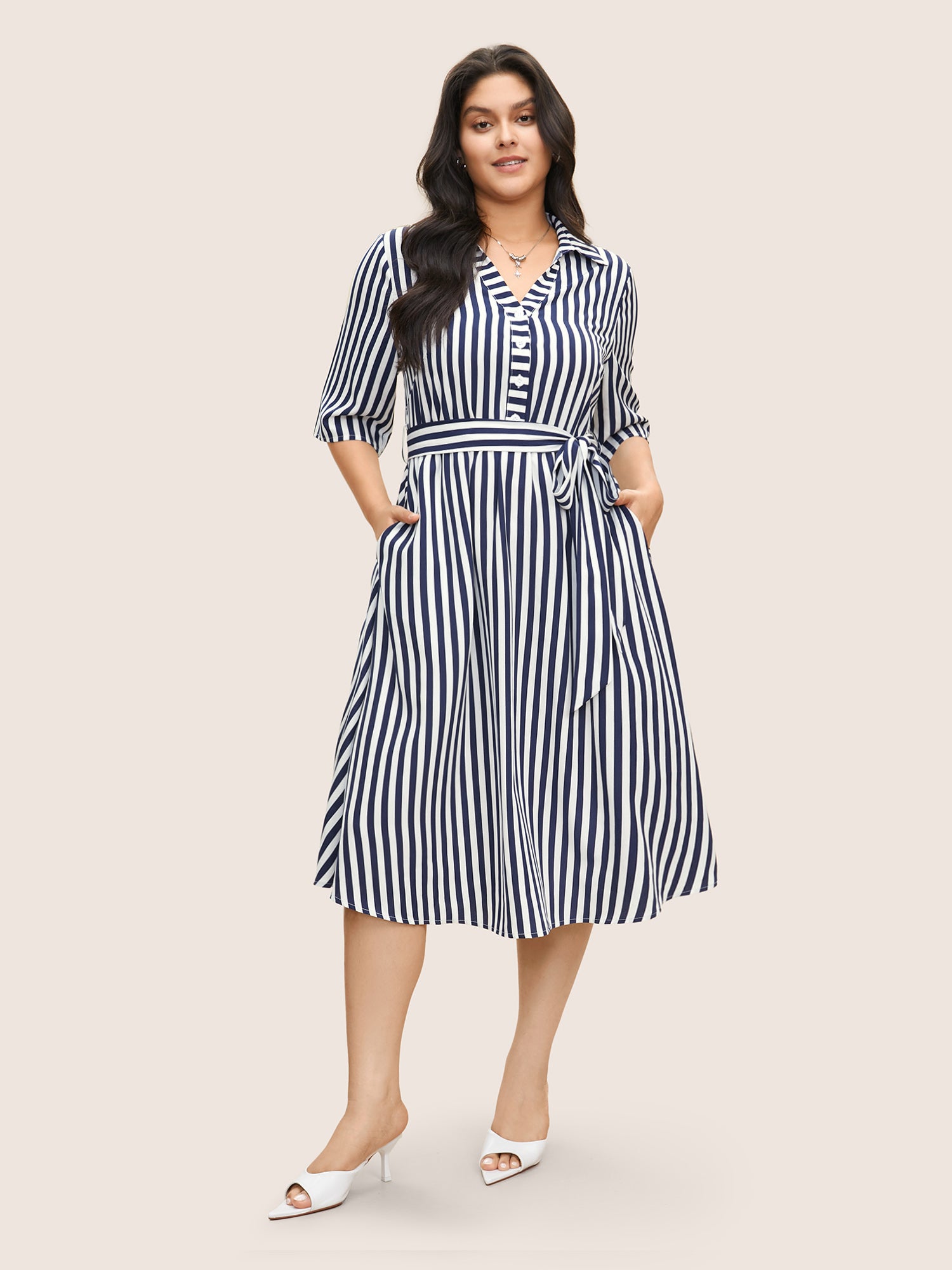 Striped Belted Shirt Collar Button Up Dress