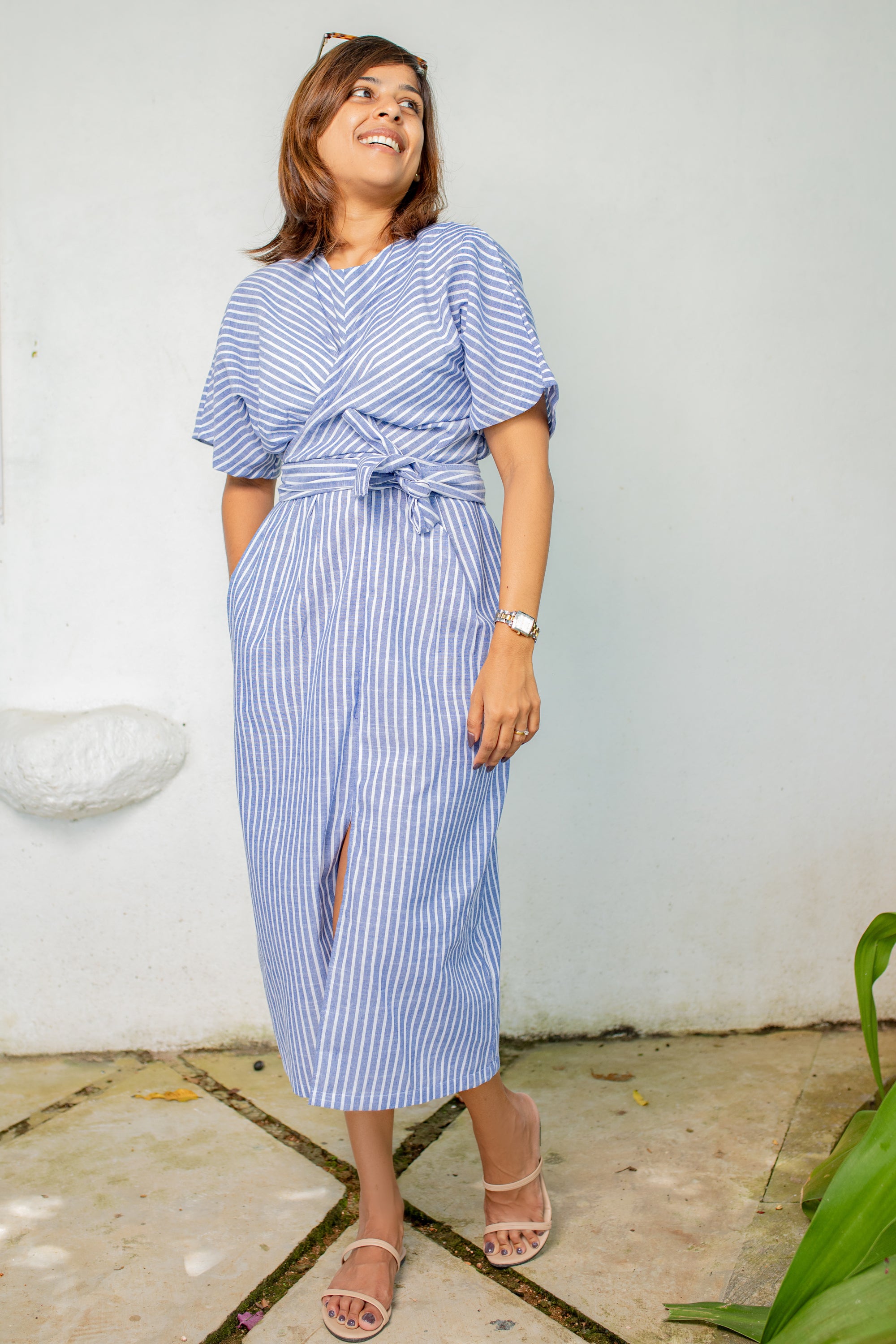 Saloni Bandage Sky Linen Midi Dress