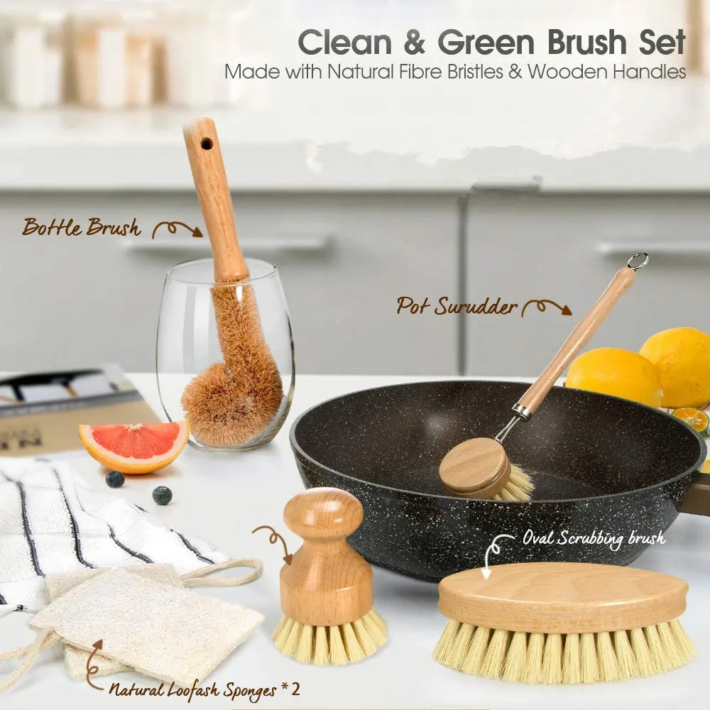 All Natural Coconut Fiber Compostable Sisal Bamboo Wood Kitchen Dish Brush Set Dish Cleaning Brush Pot Kitchen Scrub Brush Set