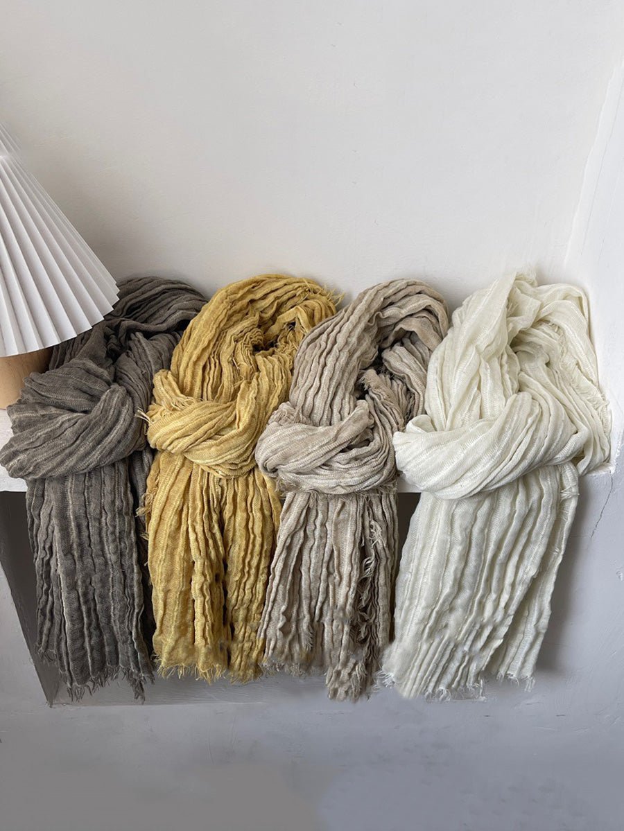 Women Vintage Shirred Pure Color Tassel Shawl Scarf