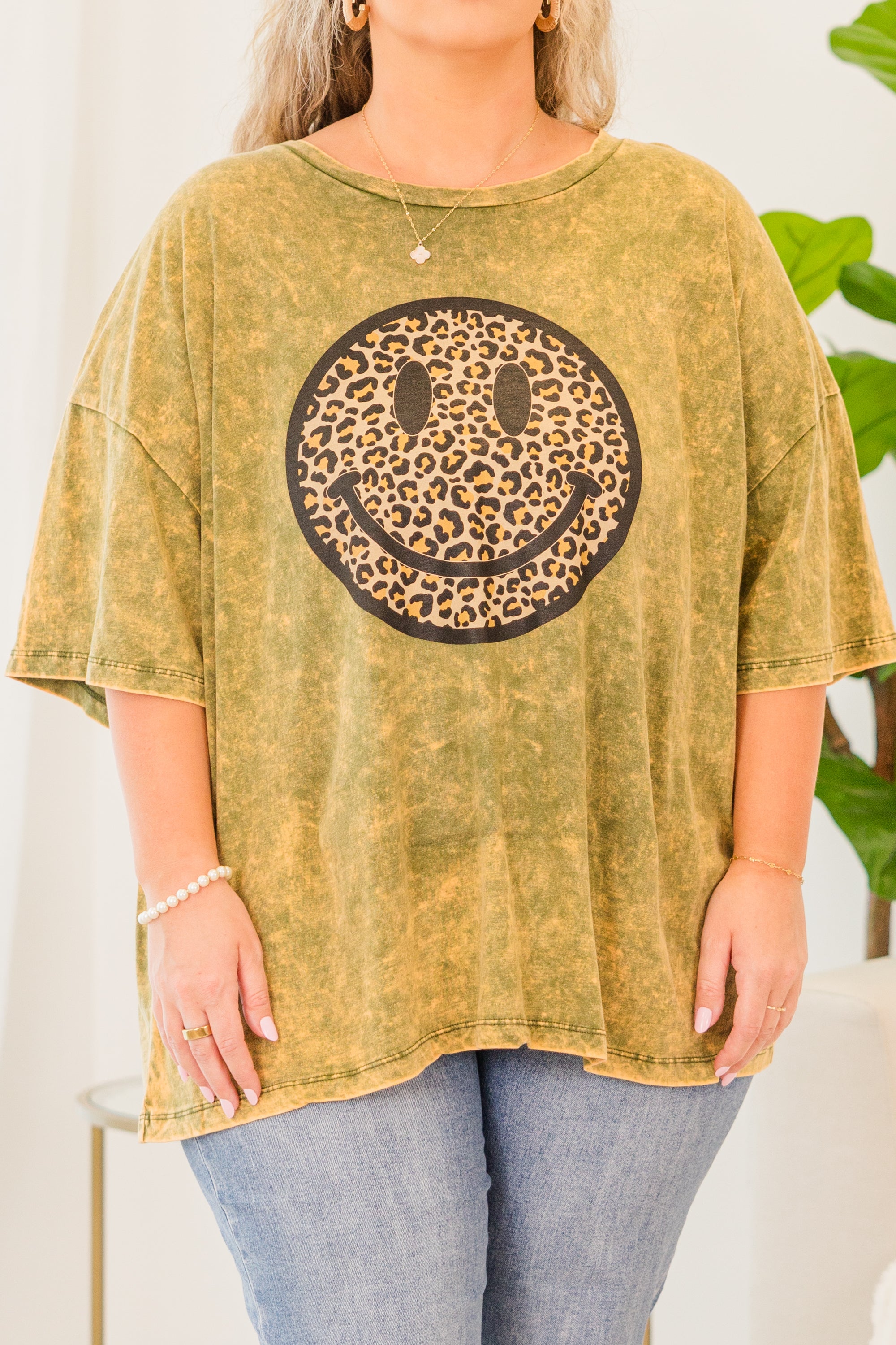 Smiley Face Acid Wash Boyfriend Tee. Golden Olive