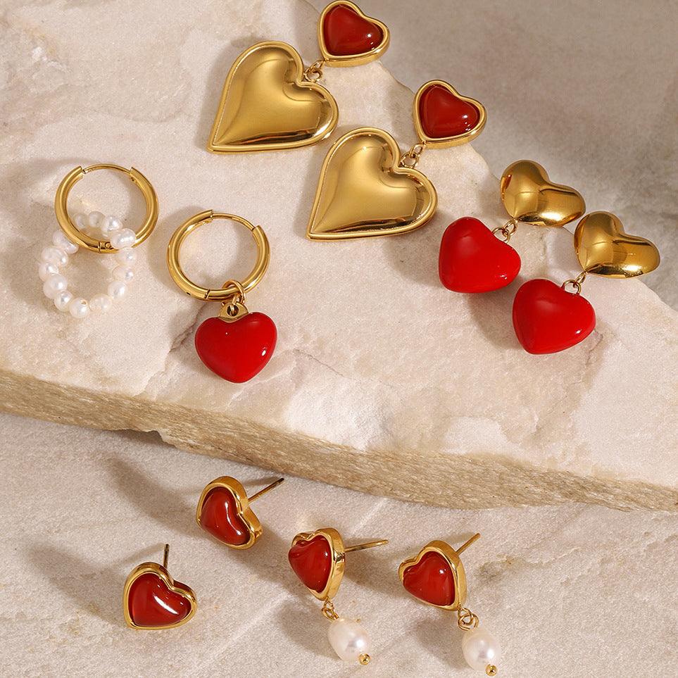 Stainless Steel Oil Drop Heart Earrings Pearl Earrings Titanium Steel Earrings Earring