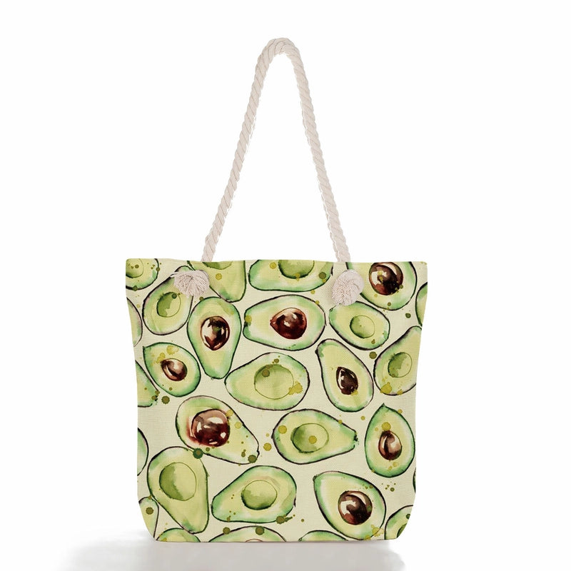 Women's Medium Linen Fruit Cute Classic Style Square Zipper Tote Bag Beach Bag