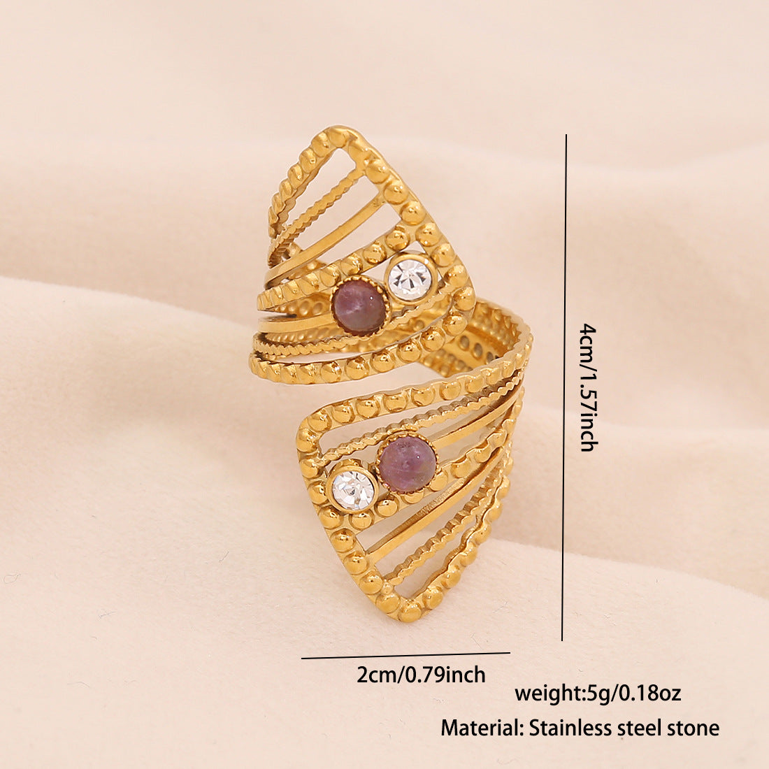 Retro Amethyst Natural Stone Ring Geometric Metal Style Open Ring R120