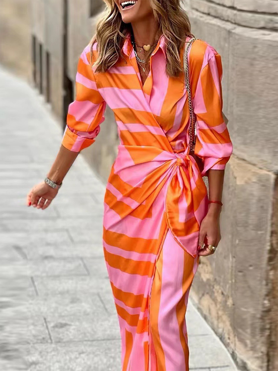Fashion Print Split Joint Turndown Collar Shirt Dress Dresses(3 colors)