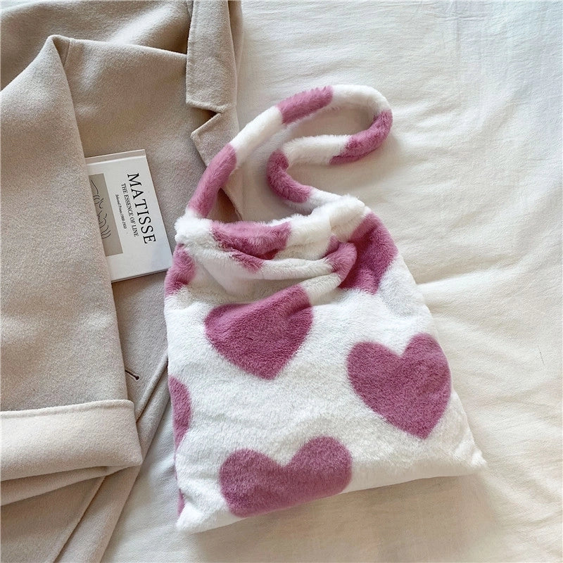 Women's Large Autumn&winter Plush Heart Shape Cute Square Sticky Cloth Underarm Bag