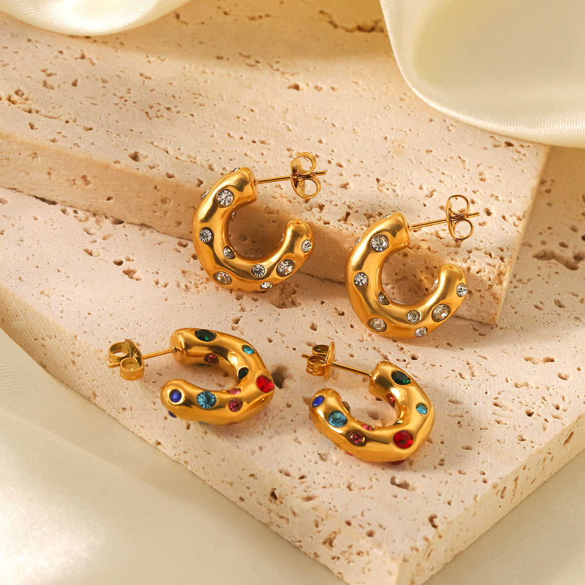 Special-Shaped 18K Gold Stainless Steel Earrings With Zircon C-Shaped Earrings For Women Titanium Steel Earrings