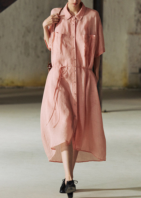 Loose Pink Peter Pan Collar Pockets Button Cotton Dresses Summer
