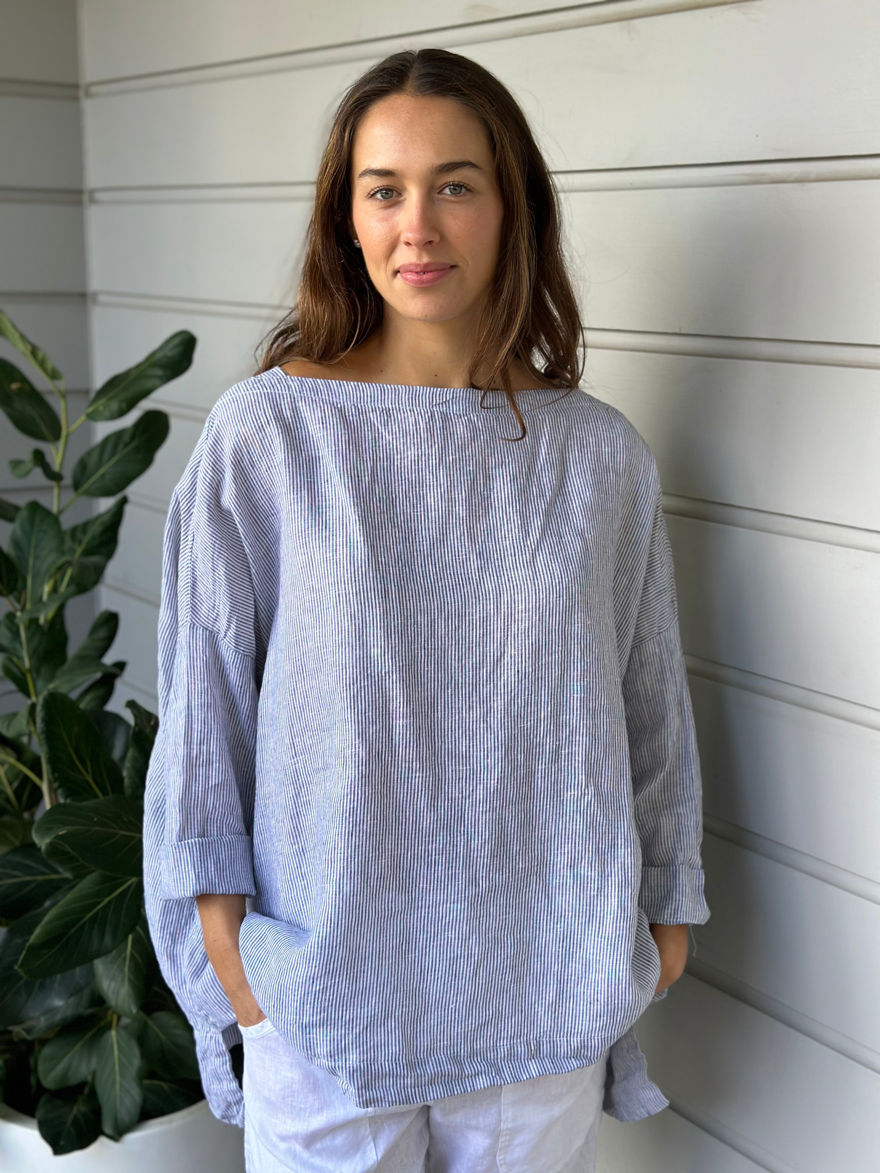 avril top - fine grey stripe linen