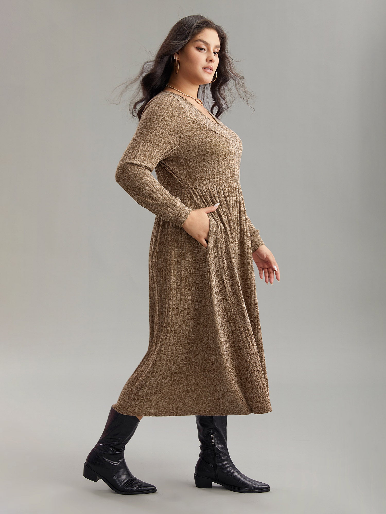 Rib Knit Plain Plisse Long Sleeve Dress