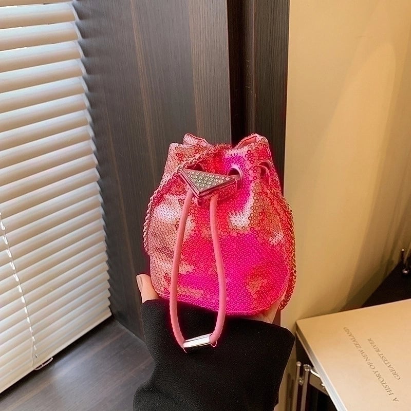 Women's Small Sequin Solid Color Vintage Style Classic Style Sequins String Bucket Bag