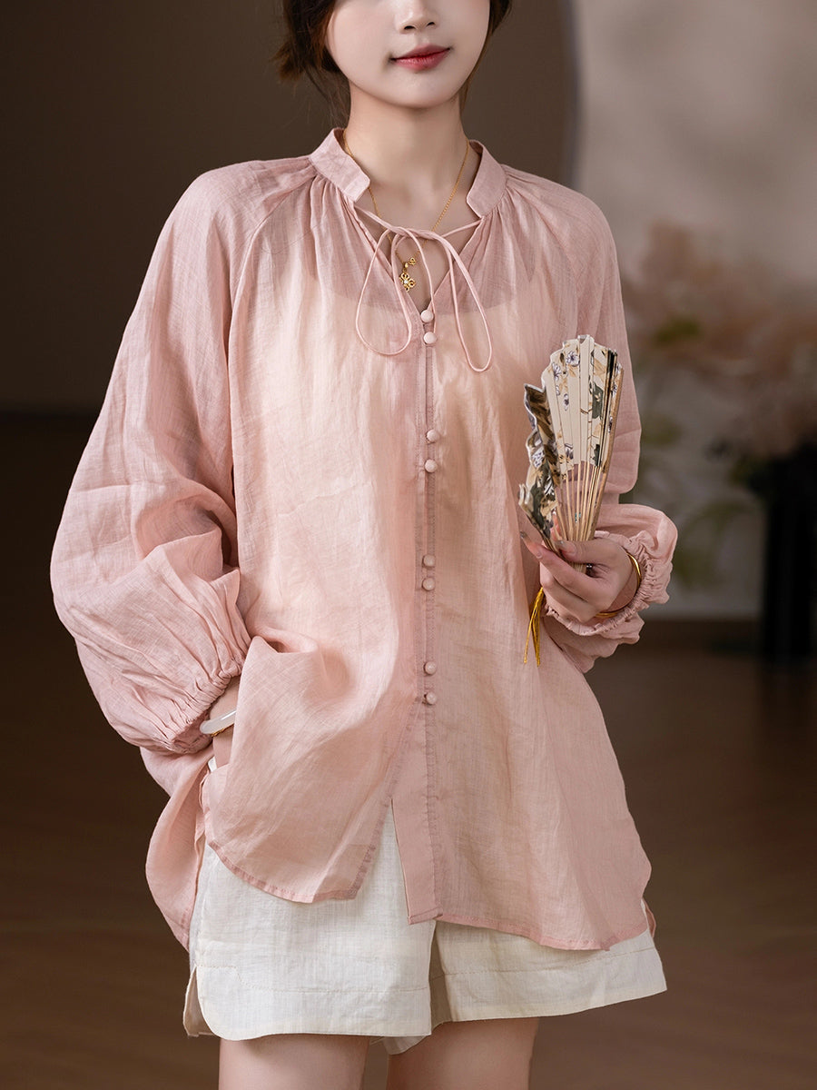Women Summer Artsy Pure Color V-Neck 100%Ramie Shirt