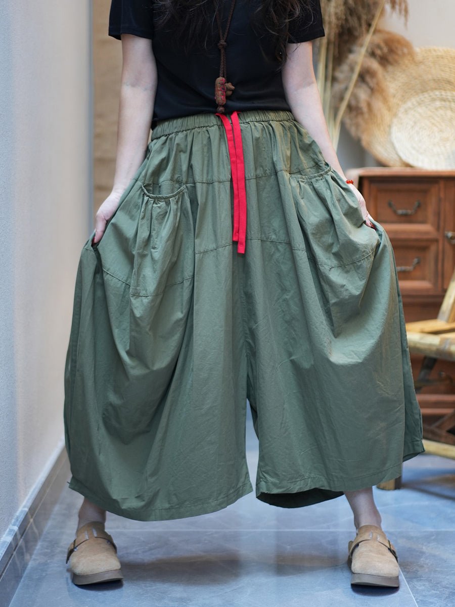 Women Summer Casual Pure Color Cotton Wide-leg Pants