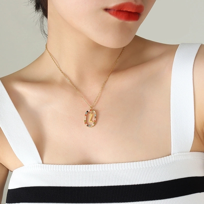 INS Style Letter Oval Titanium Steel Zircon 18K Gold Plated Inlay Necklace