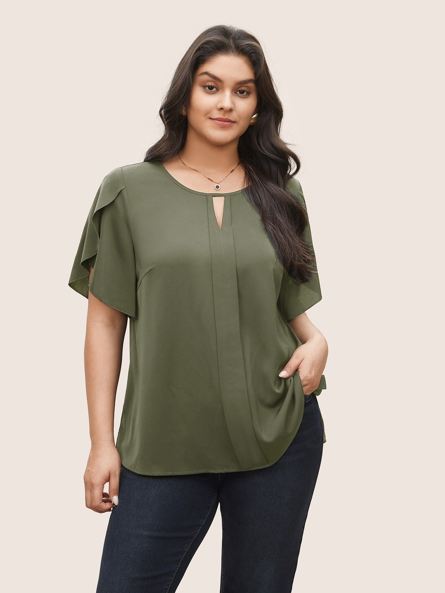 Solid Keyhole Petal Sleeve Pleated Blouse