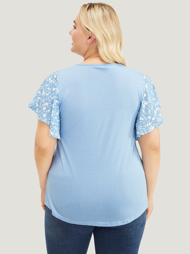 Ditsy Floral Ruffle Sleeve Round Neck T-Shirt