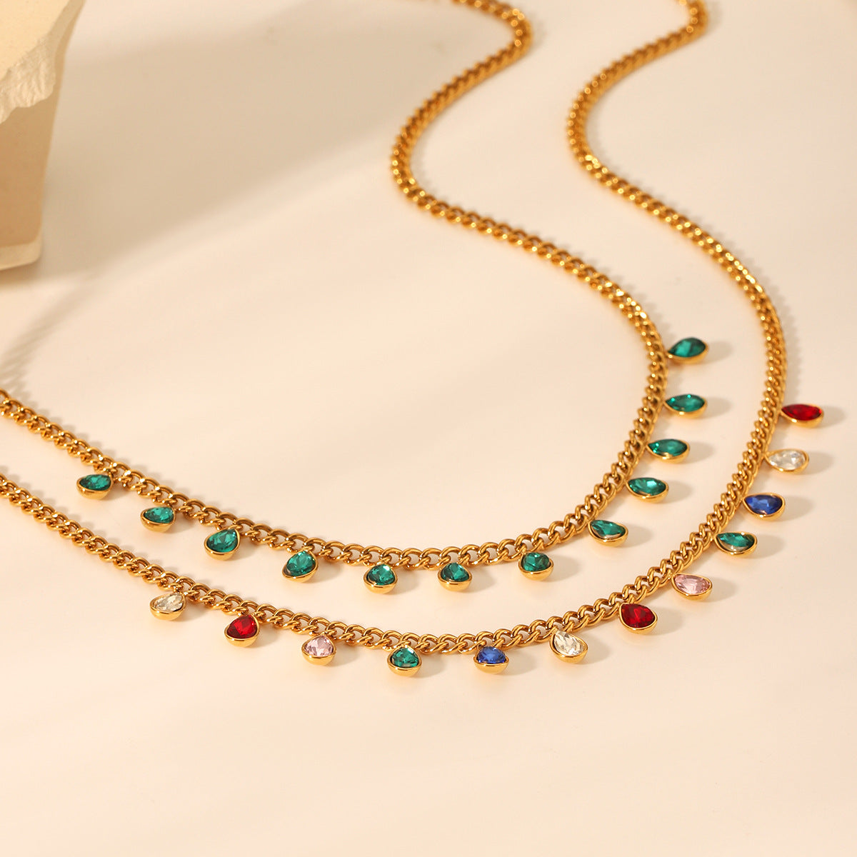 Stainless Steel Colored Zircon Tassel Necklace For Women Versatile Titanium Steel Clavicle Necklace