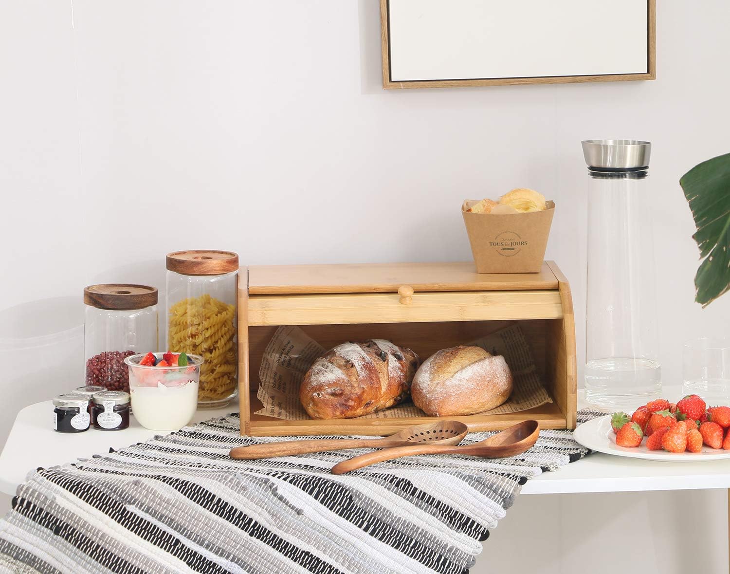 Large Bread Box Bread Basket Kitchen Counter Organizer - Roll Top Bread Box - Bread Box For Kitchen Countertop - Bamboo Wooden Boxes (Natural)