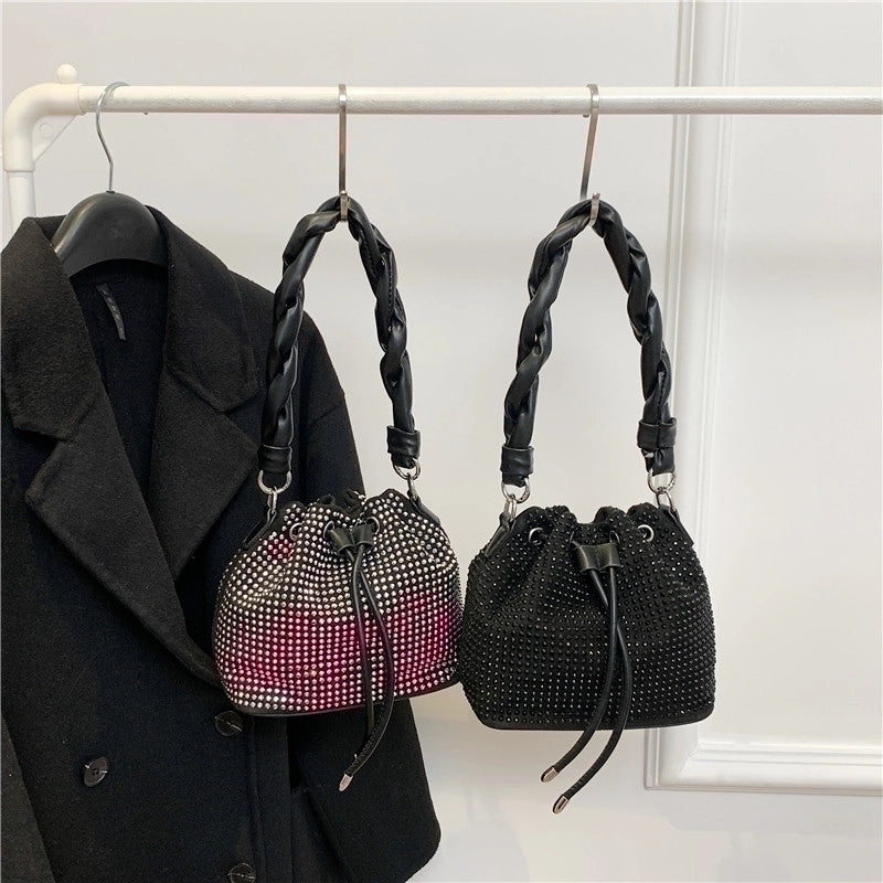 Women's Medium Pu Leather Solid Color Streetwear Rhinestone String Bucket Bag