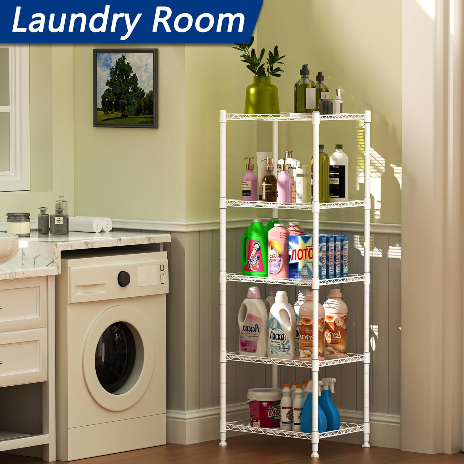 REGILLER 5-Wire Shelving Metal Storage Rack Adjustable Shelves,Standing Storage Shelf Units for Laundry Bathroom Kitchen Pantry Closet(Black,11.8