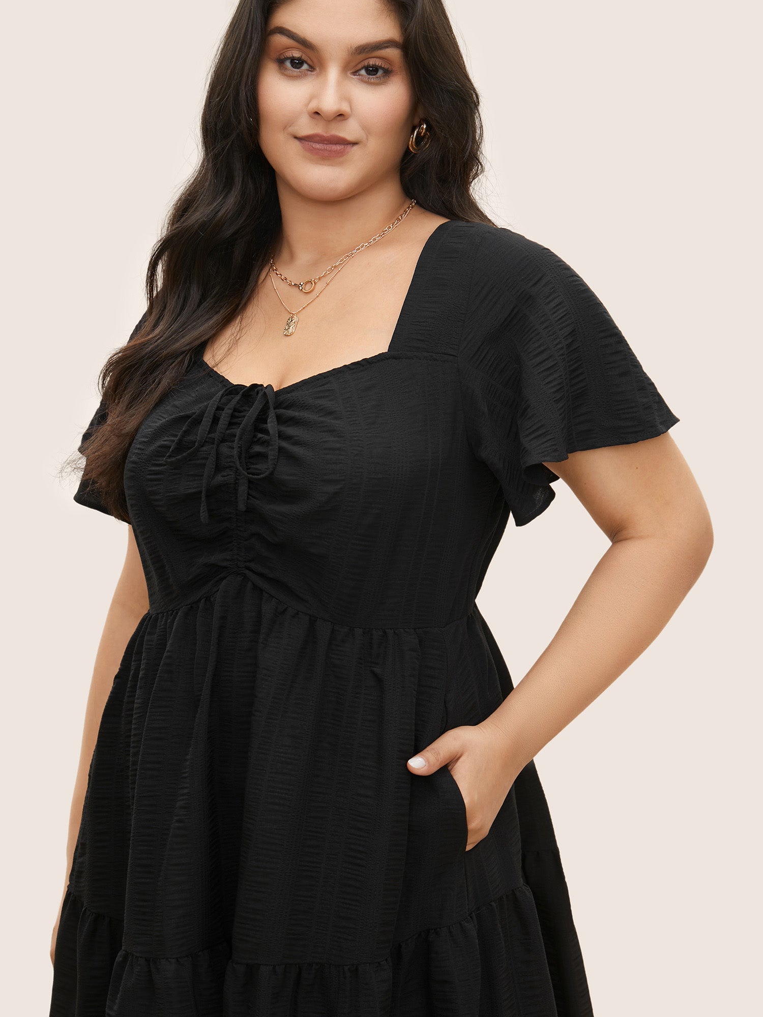 Plain Ruched Drawstring Pocket Ruffle Tiered Dress