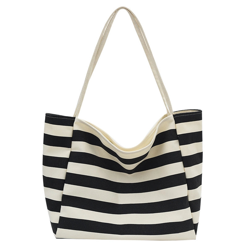 Large Capacity Contrast Color Stripe Handbag Canvas New Fashionable Lazy Style Shoulder Bag Class Tote Bag