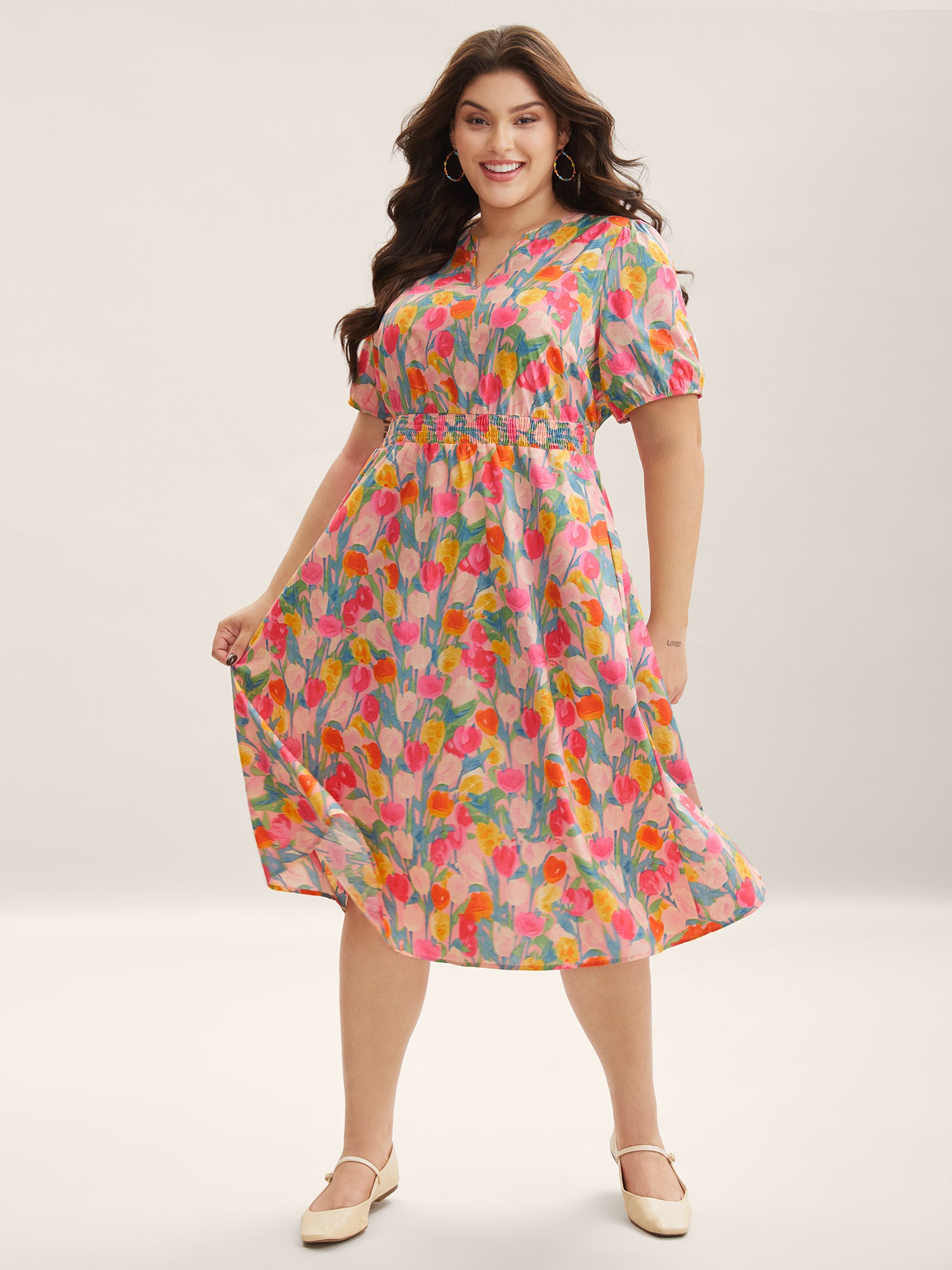 Cotton Rosy Garden Shirred Waist Pockets Midi Dress