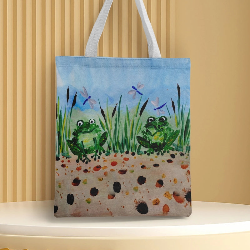 Women's Medium Canvas Frog Basic Classic Style Square Open Canvas Bag