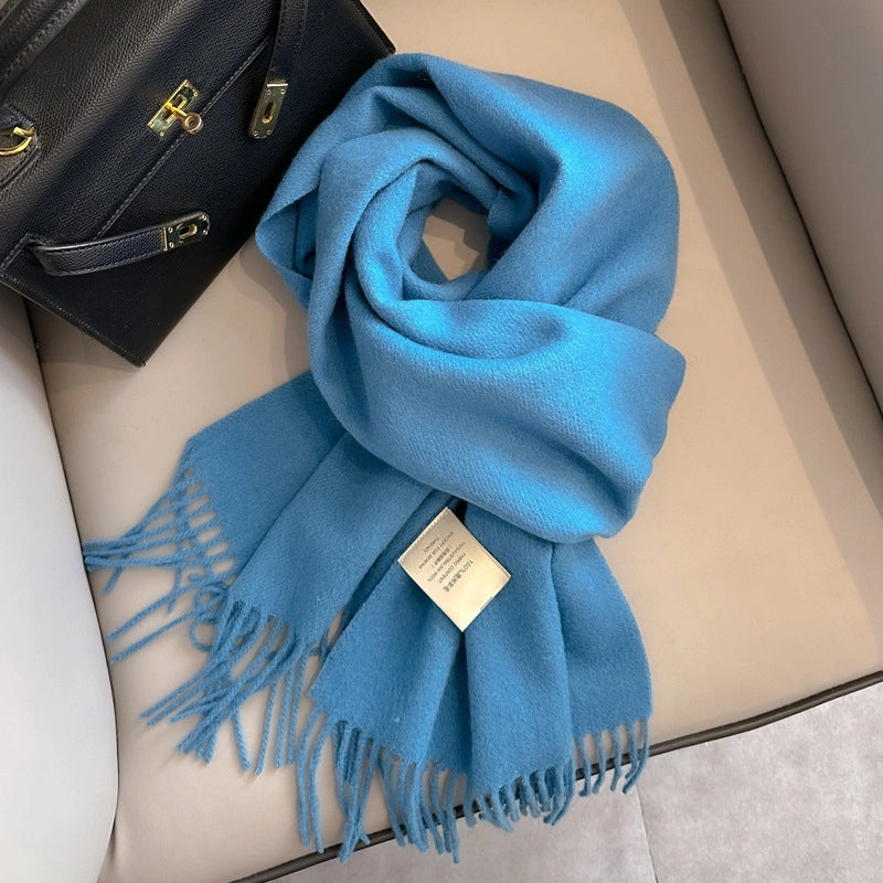 White Pure Wool Scarf Female Winter Student Warm Scarf New Versatile Tassel Narrow Scarf Couple