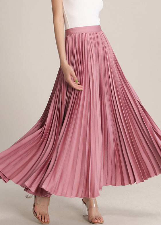 Pink Solid High Waist Silk Pleated Skirt Zippered Summer