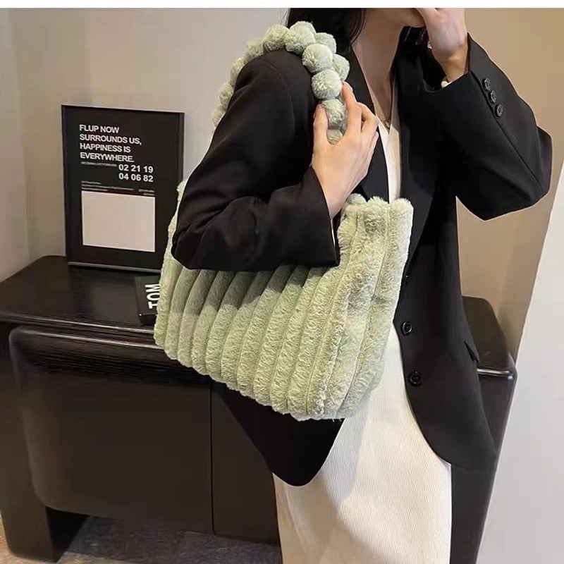 Autumn And Winter New Fashion Plush Shoulder Bag Personality Simple Corduroy Tote Bag Large Capacity Furry Handbag