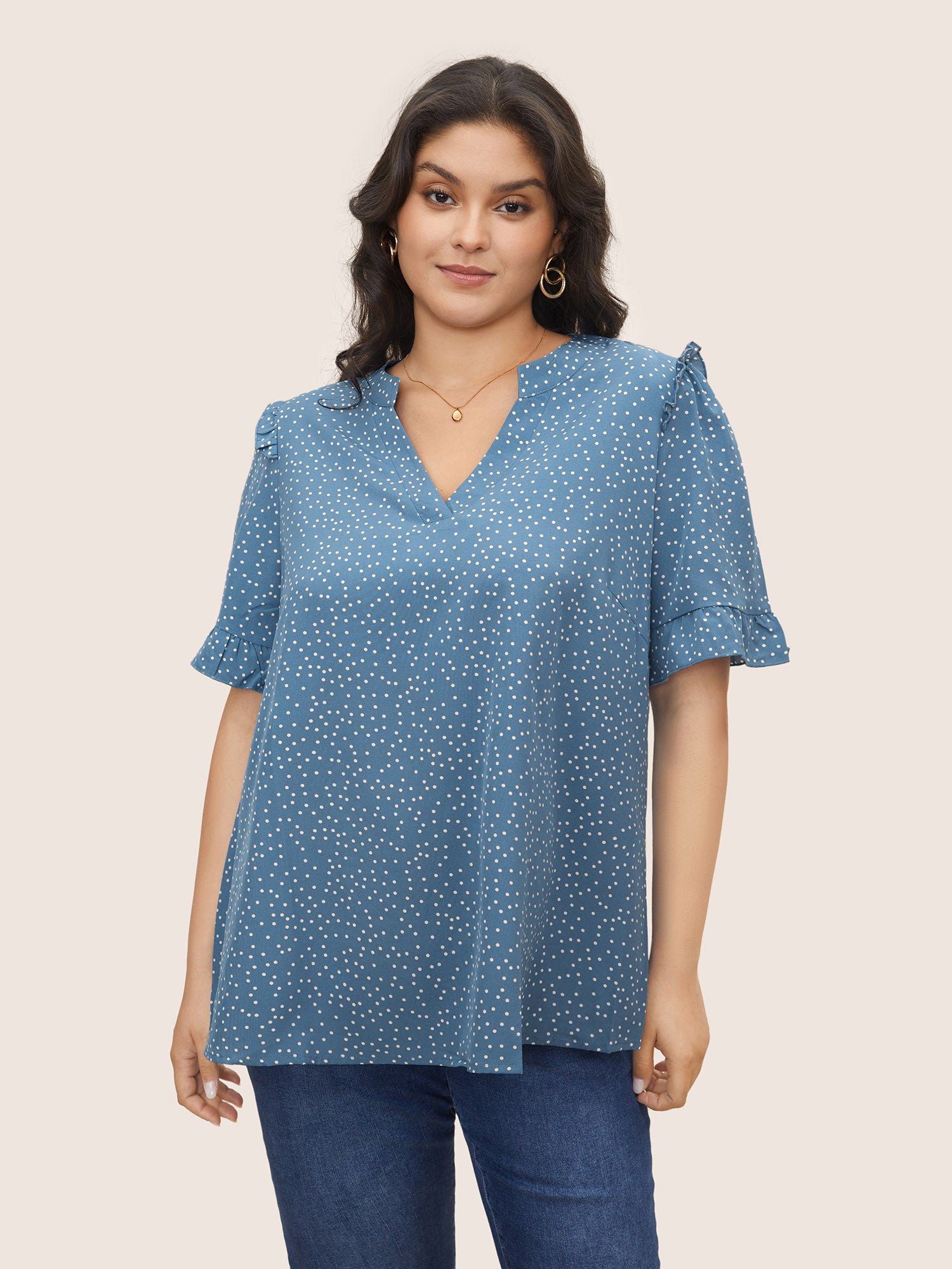 Polka Dot V Neck Ruffle Trim Blouse