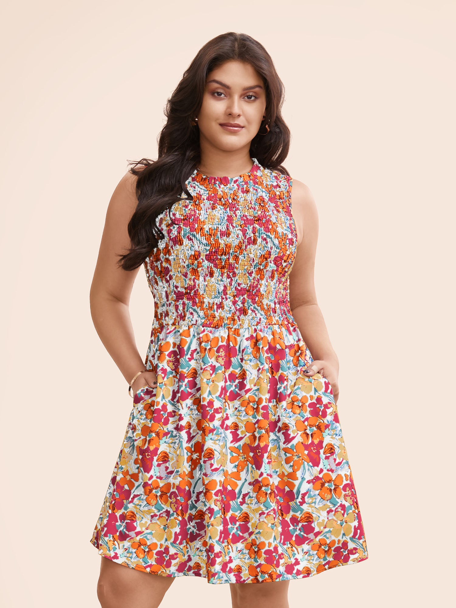 Floral Shirred Frill Trim Tank Dress