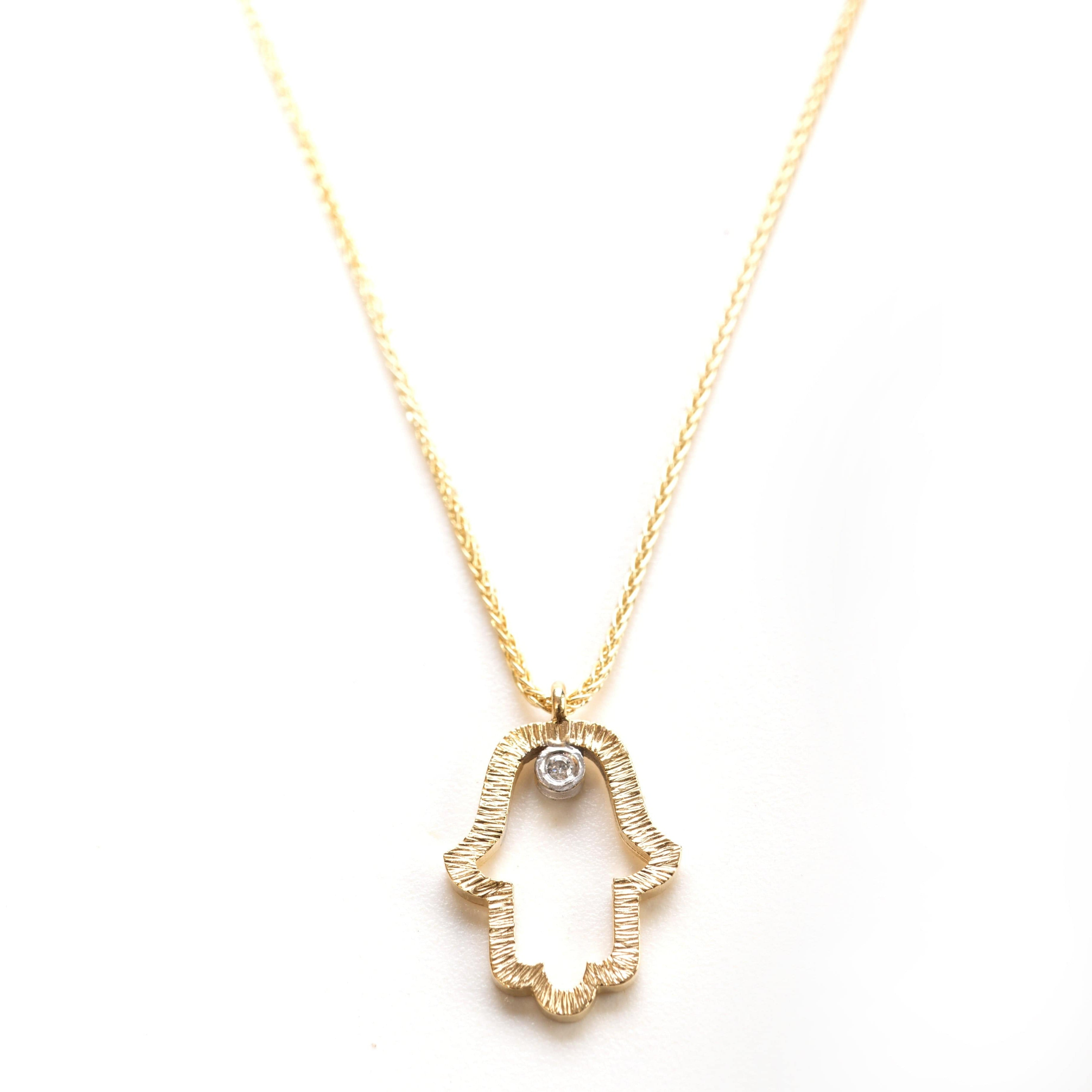 Diamond Guardian Hamsa Necklace  - 14k Gold