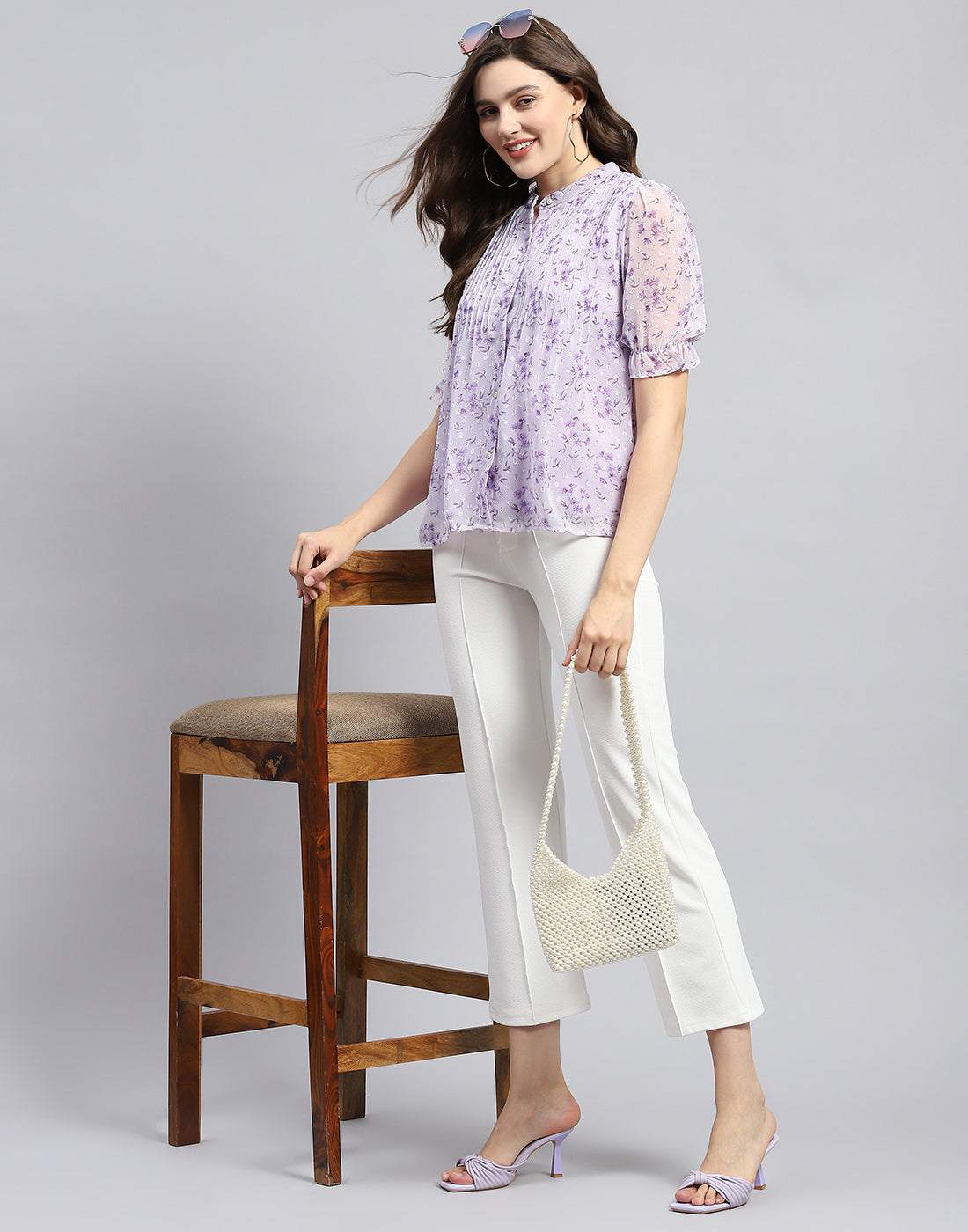 Women Purple Printed Mandarin Neck Half Sleeve Top