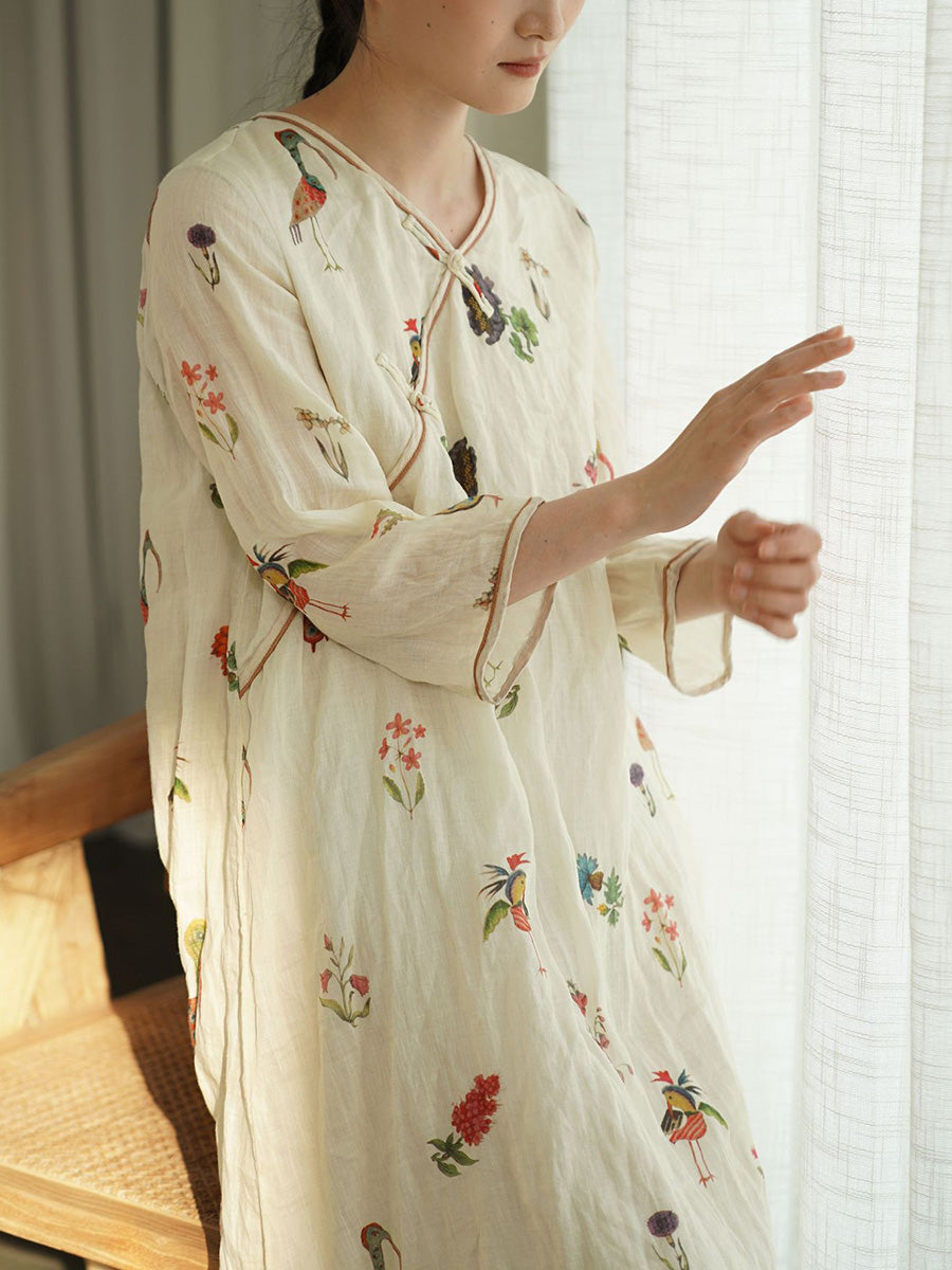 Women Summer Artsy Flower  V-Neck 100%Ramie Dress