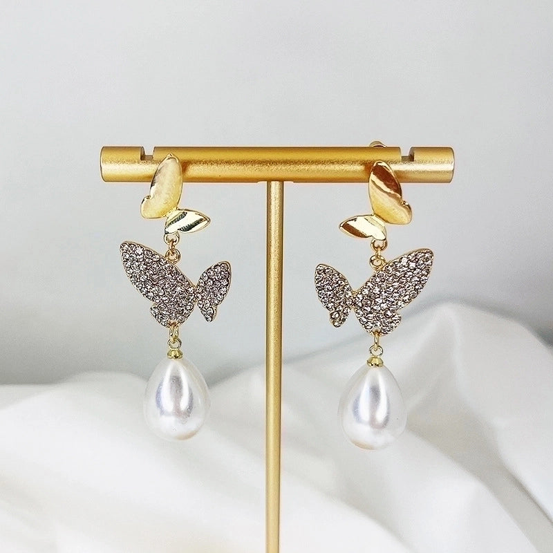 Retro Flower Copper Inlay Zircon Drop Earrings Ear Studs 1 Pair