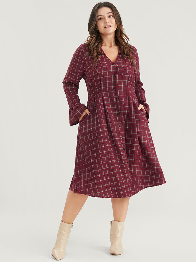 Gingham Pocket Button Up Bell Sleeve V Neck Dress Without Belt
