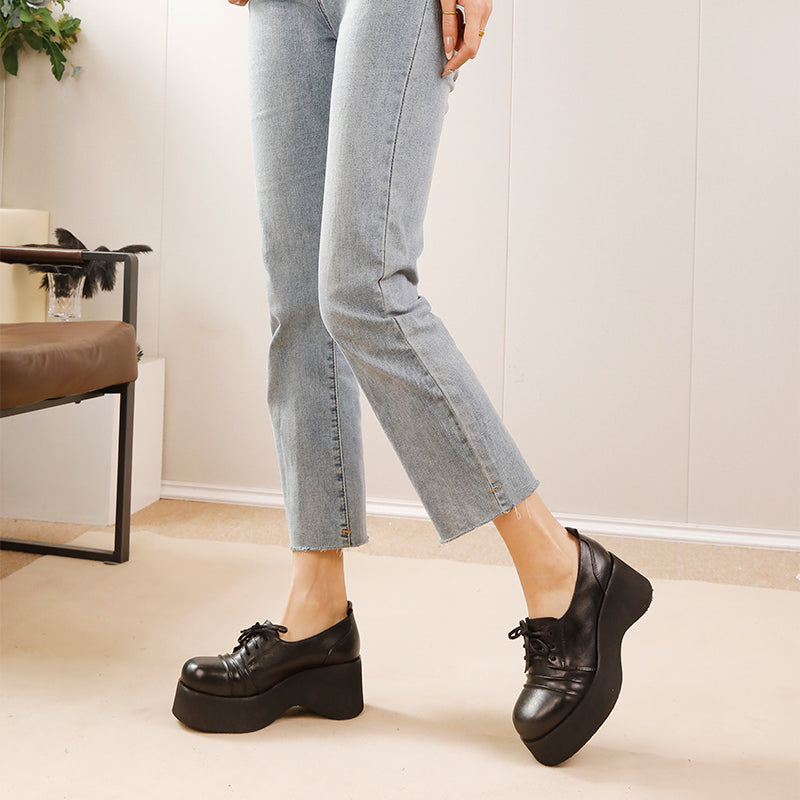 British Style 60mm Horse Leather Chunky Heel Lace-up Platform Oxford Shoes in Black/Coffee