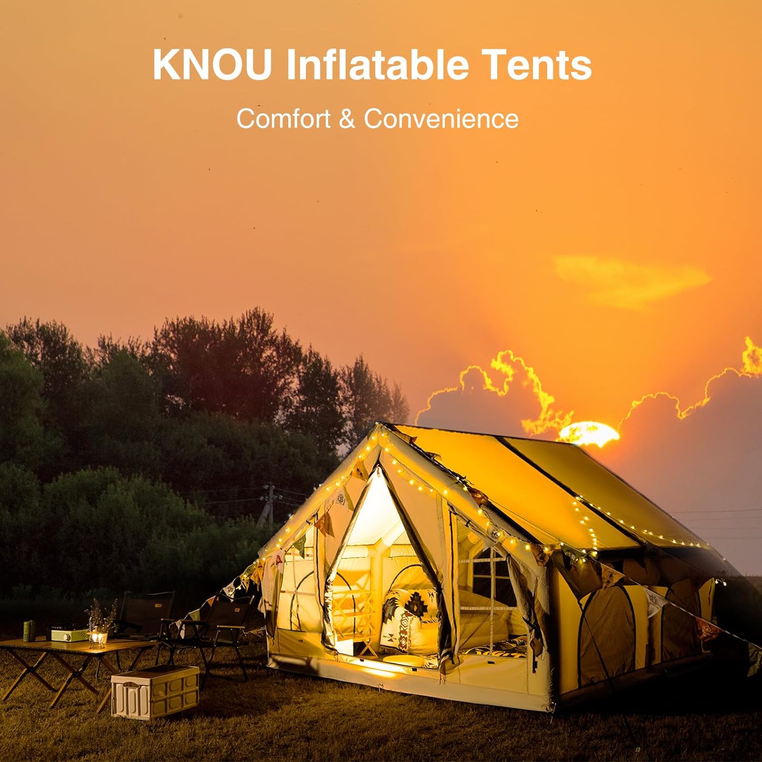 KNUO Inflatable Camping Tent Large Inflatable Air Tents, No Assembly Needed Luxury Glamping Tent, Waterproof Oxford