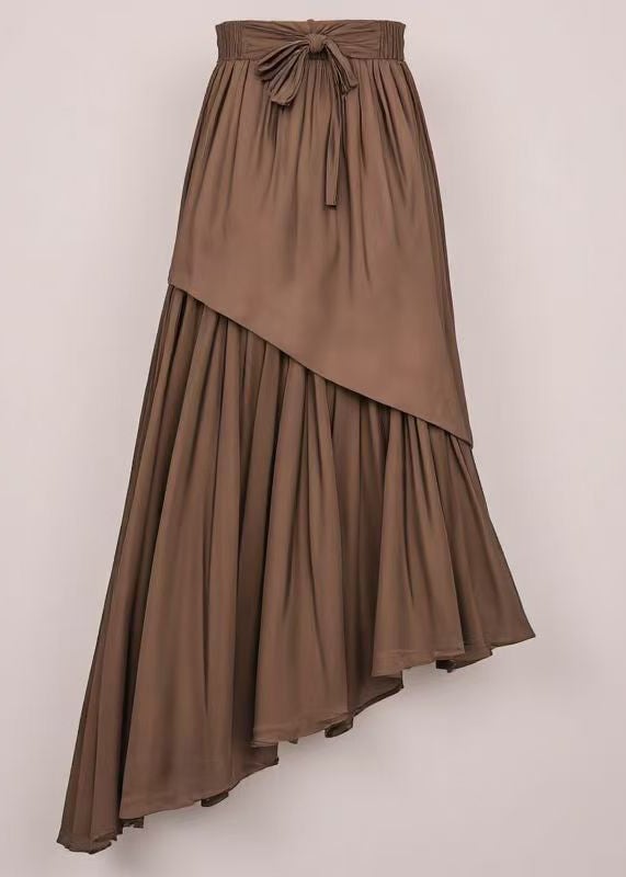 Loose Coffee Lace Up Wrinkled Cotton Skirt Summer