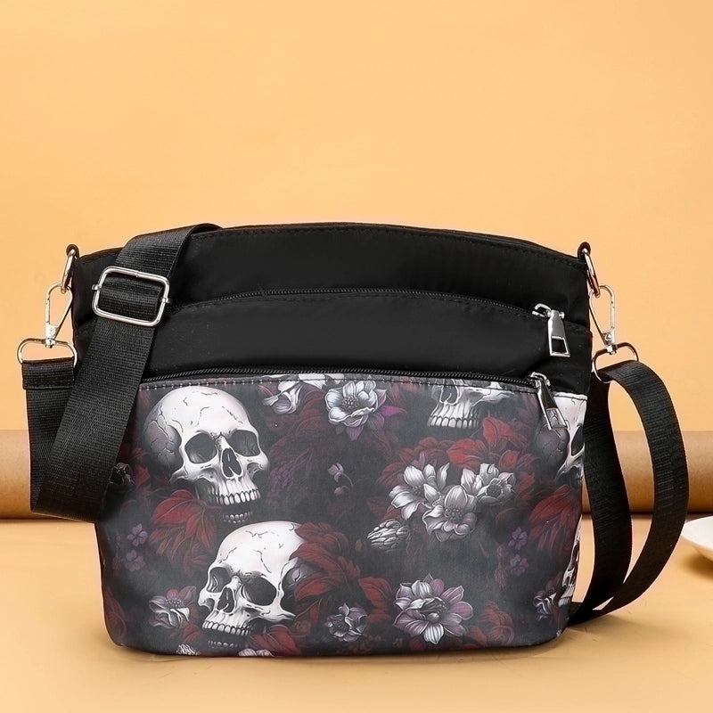Halloween Women's Oxford Cloth Flower Ghost Punk Zipper Shoulder Bag