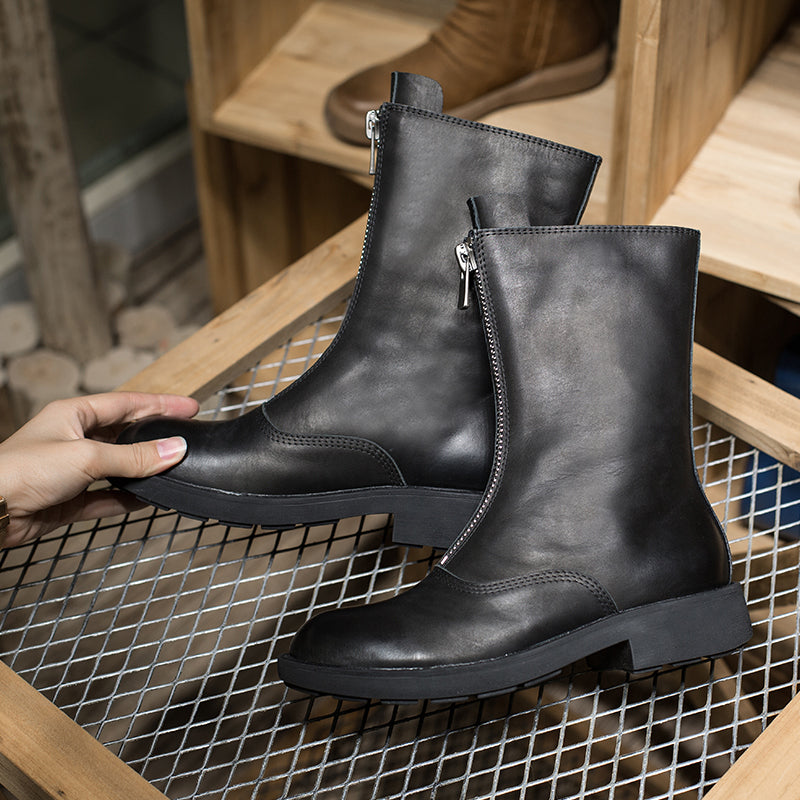 Handmade Cowhide Chelsea Boots Front Zip Short Boots in Black