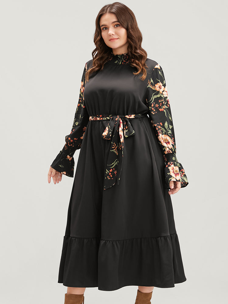Floral Patchwork Lantern Sleeve Pocket Belted Shirred Mock Neck Dress